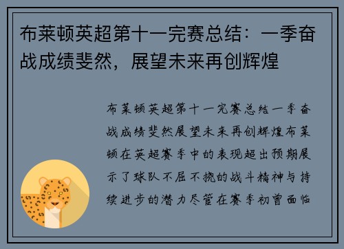 布莱顿英超第十一完赛总结:一季奋战成绩斐然,展望未来再创辉煌 布莱顿英超第十一完赛总结:一季奋战成绩斐然,展望未来再创辉煌